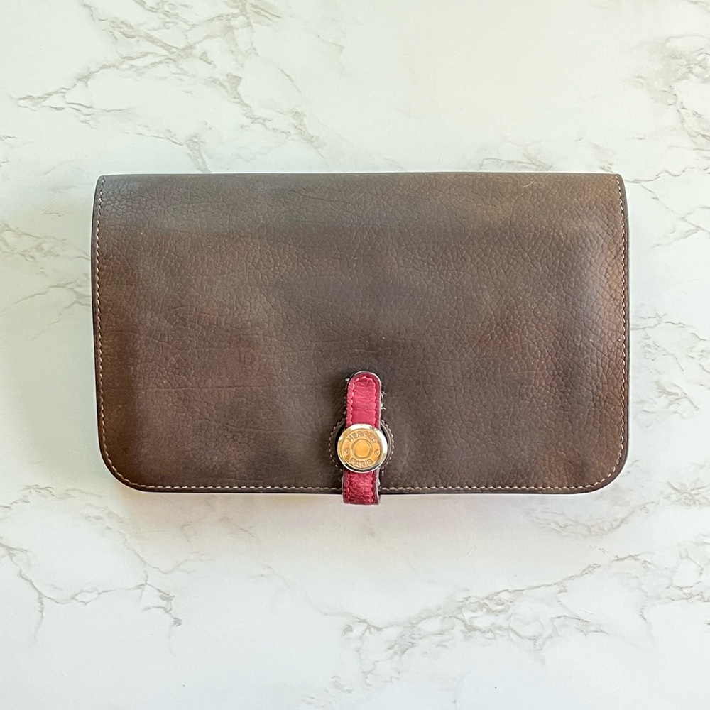 HERMES Dogon Duo Bi-color Suede Eversoft Chocolate/Rose wallet